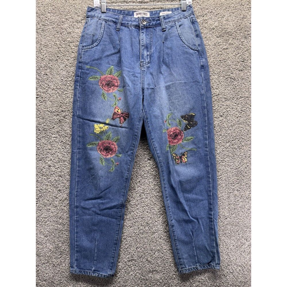 Skinny Fries Size 9 Floral Mom Jeans Embroidered High Rise Jeans Denim SDR11085‎